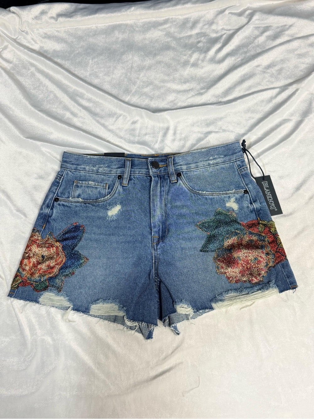 Blank NYC Embroidered Floral Mid-Wash Denim Shorts